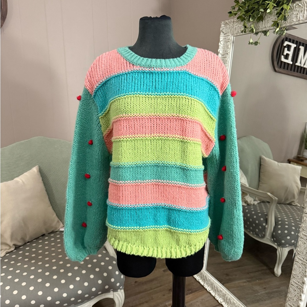 Umgee • Striped Color Block Pom Pom Sweater - Picture 9 of 14